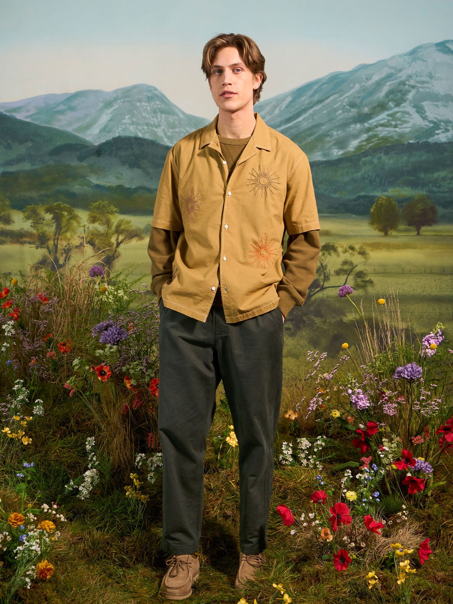 Baxter Cotton Embroidered Short Sleeve Shirt in Khaki - Image 2