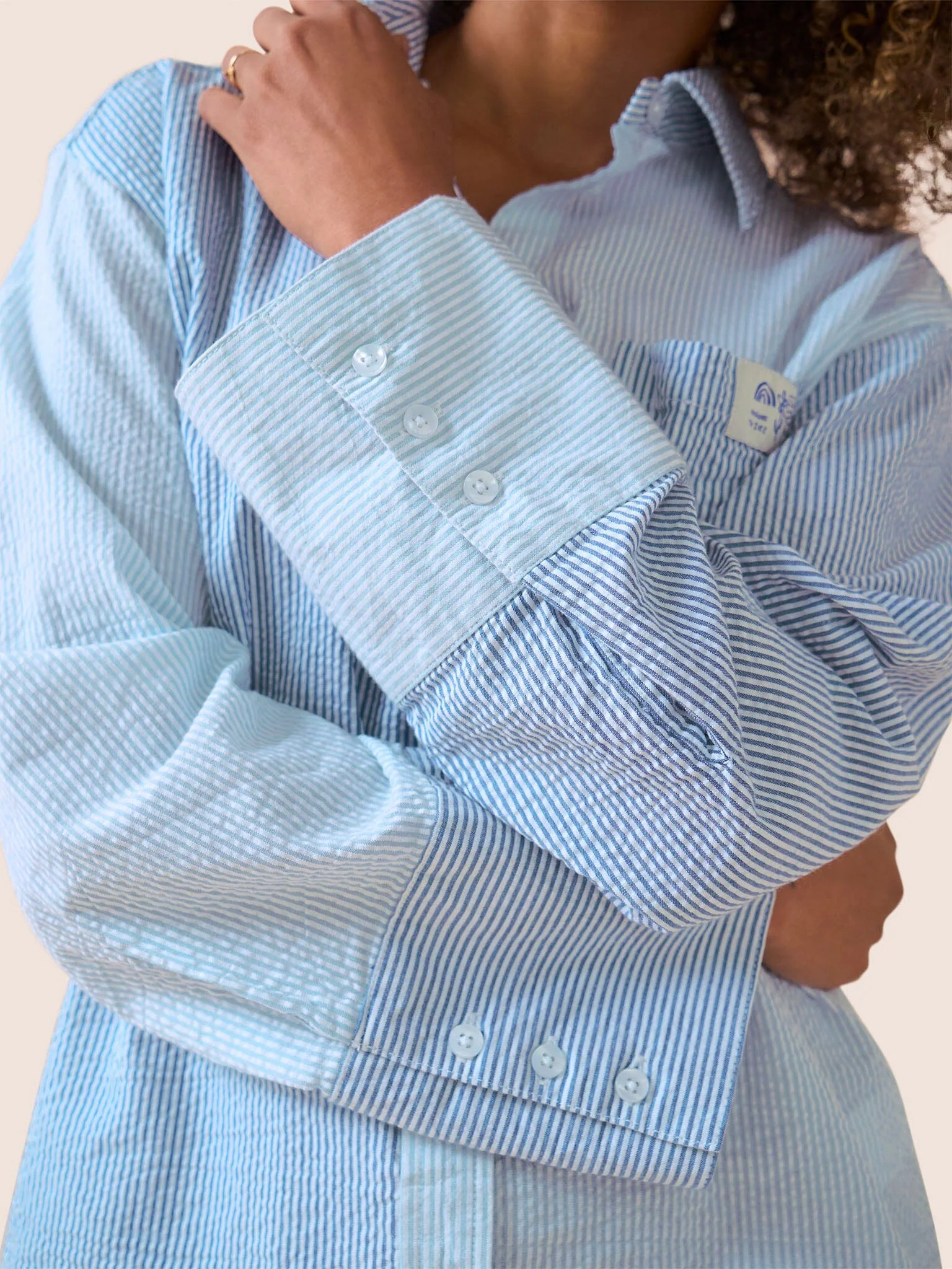 Beaumont Cotton Crinkle Stripe Shirt in Blue - Image 6