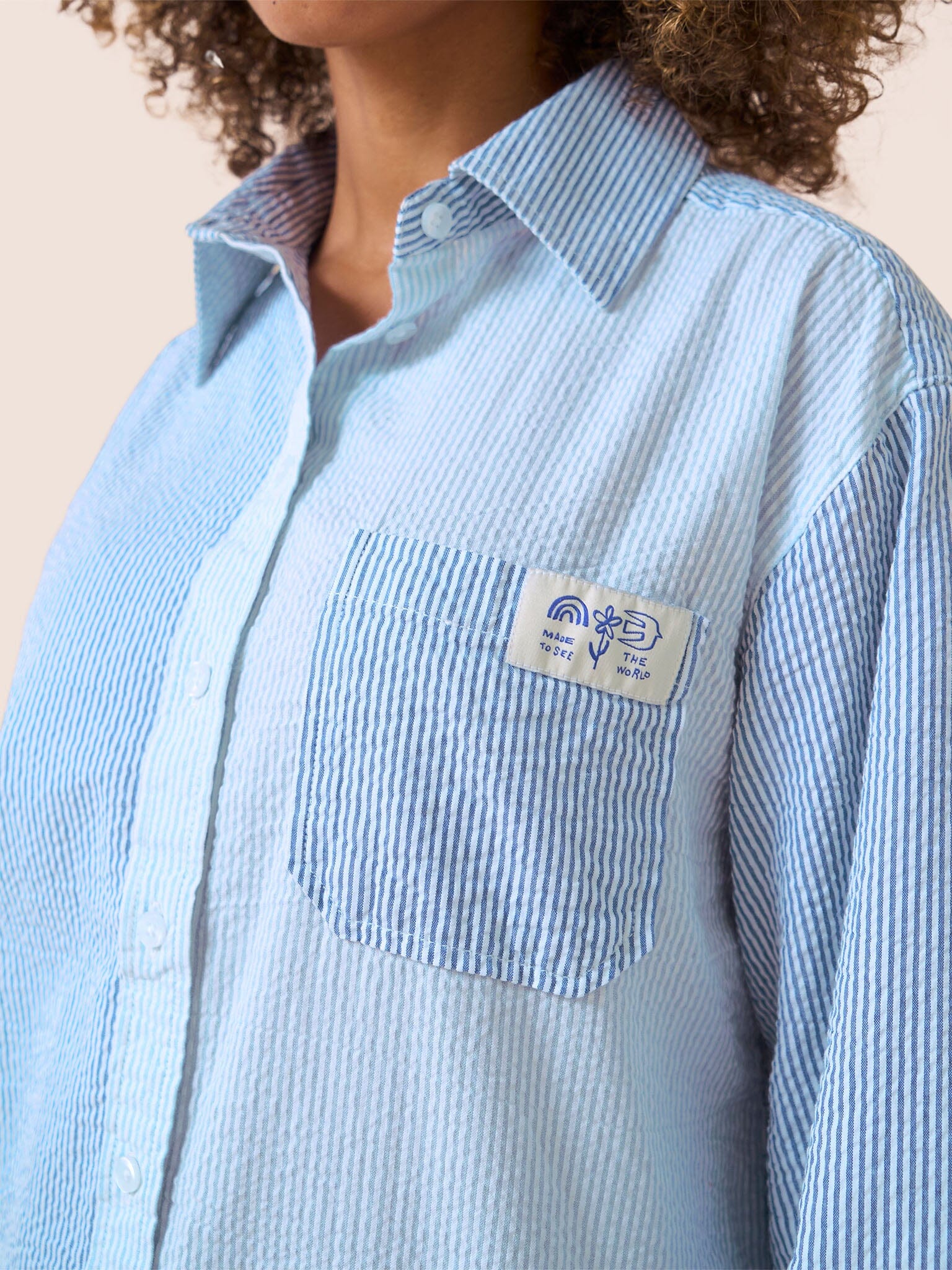 Beaumont Cotton Crinkle Stripe Shirt in Blue - Image 7