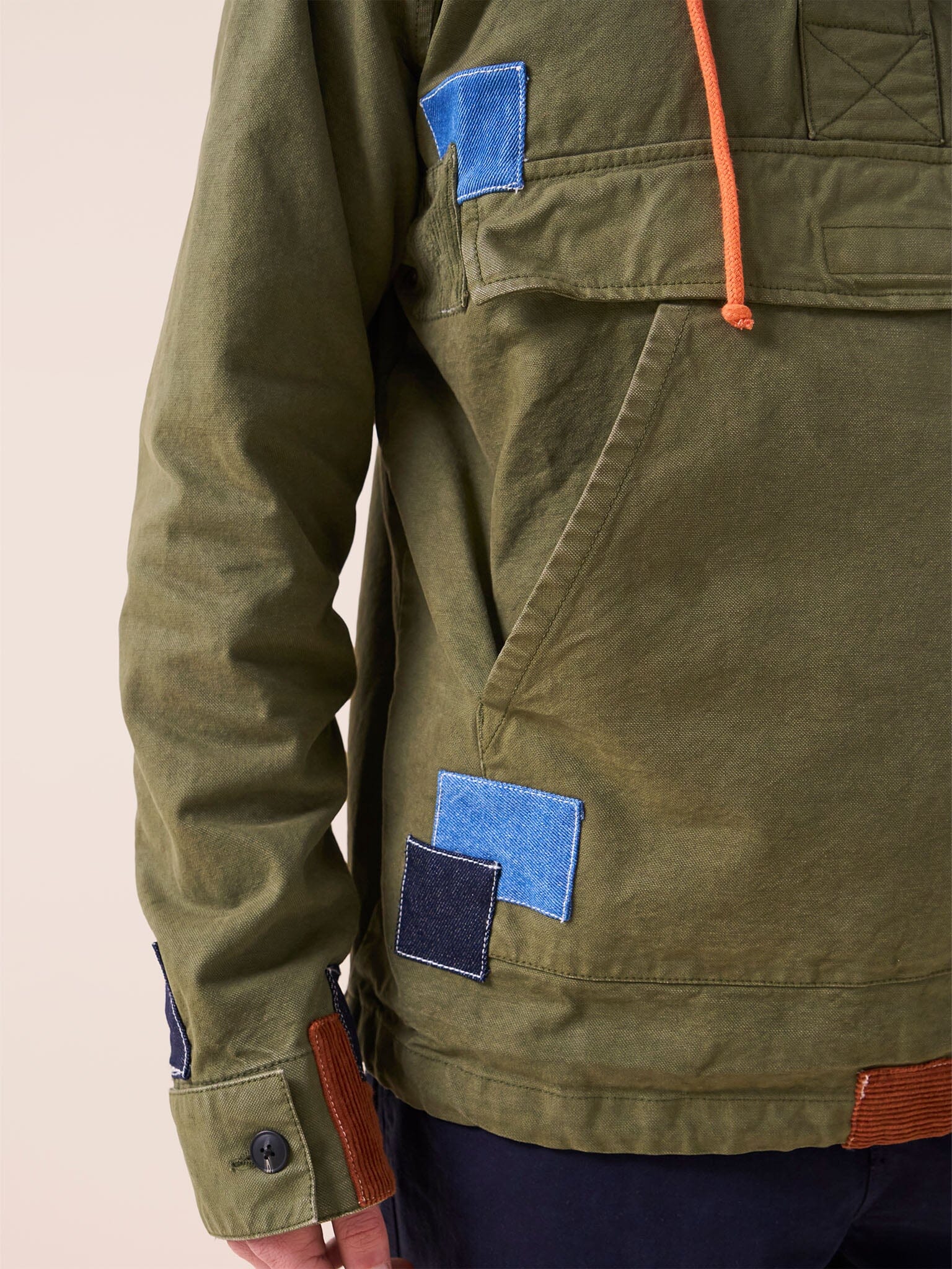 Oslo Cotton Patchwork Overhead Parka Jacket in Khaki - Image 3