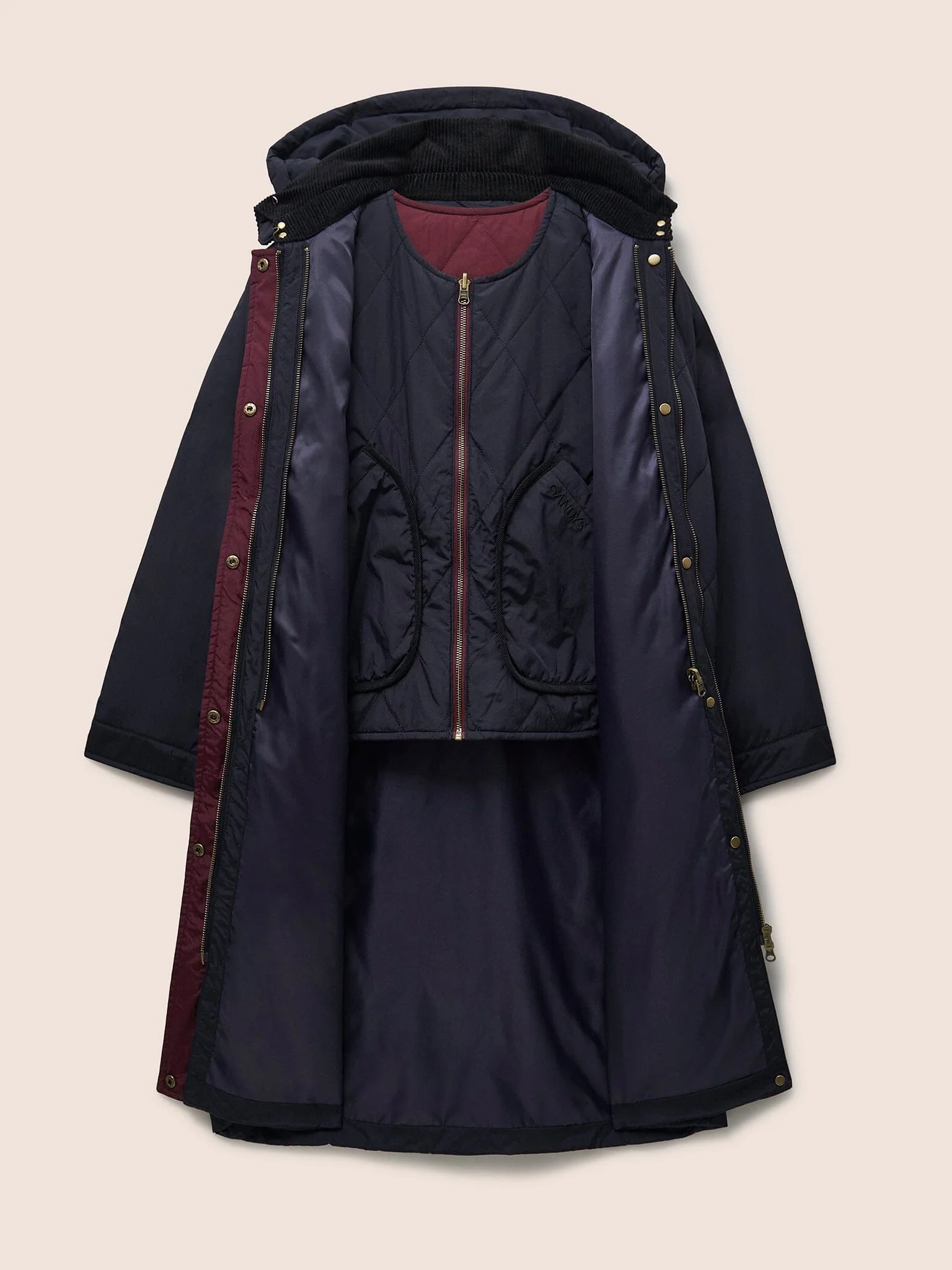 Quebec Quilted 3 in 1 Modular Longline Coat in Navy - Image 3
