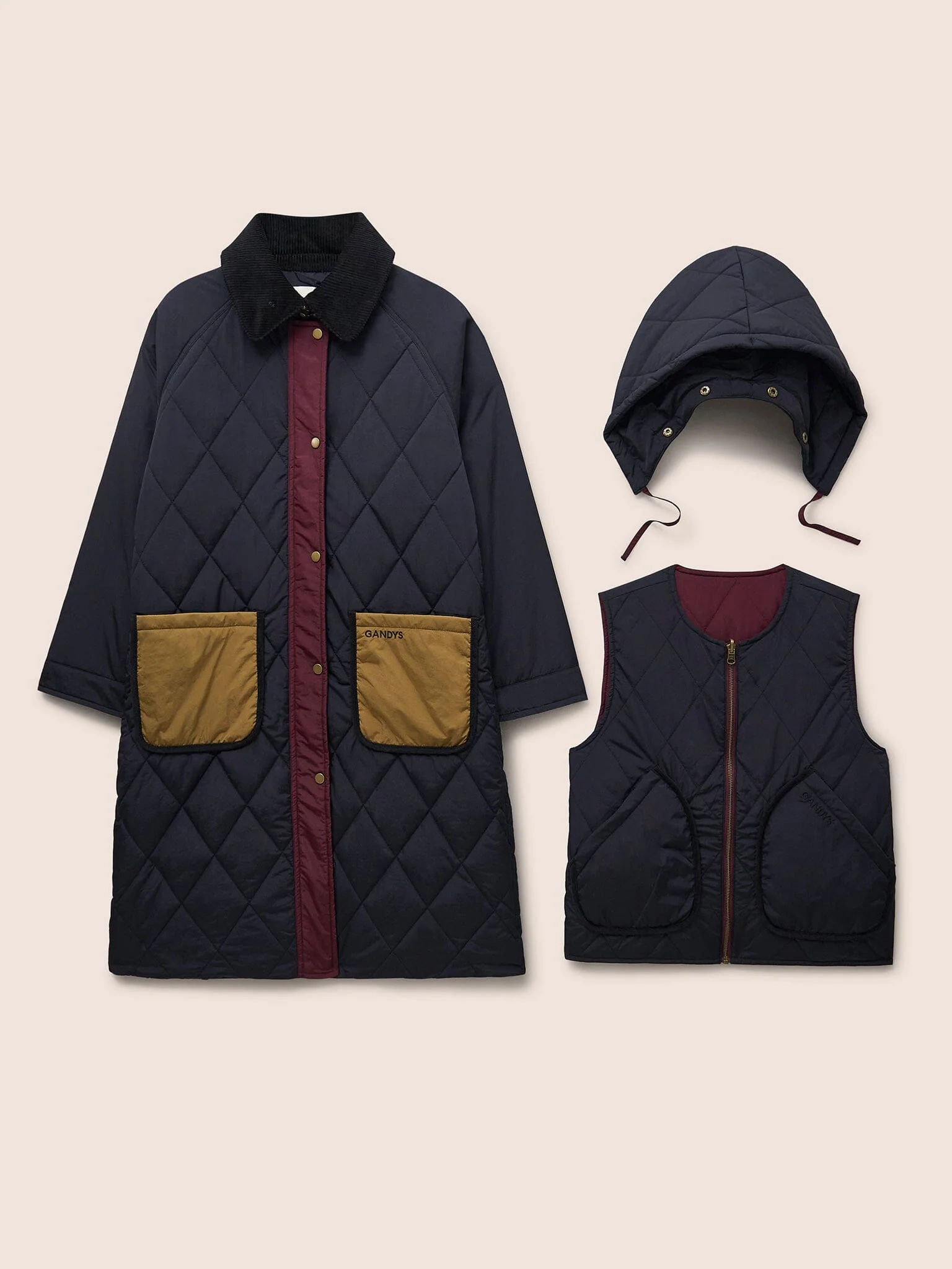 Quebec Quilted 3 in 1 Modular Longline Coat in Navy - Image 5