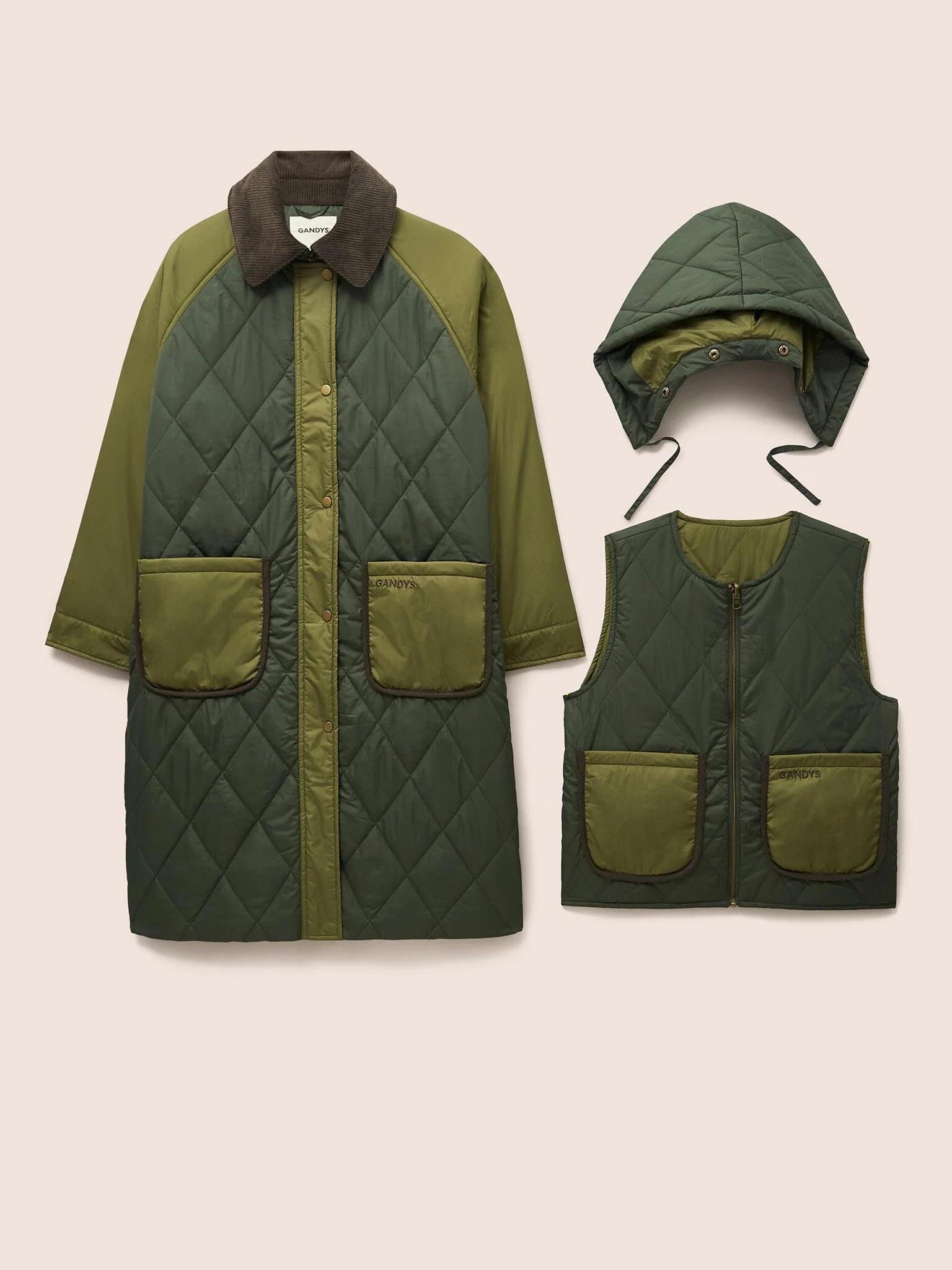 Quebec Quilted 3 in 1 Modular Longline Coat in Khaki - Image 5
