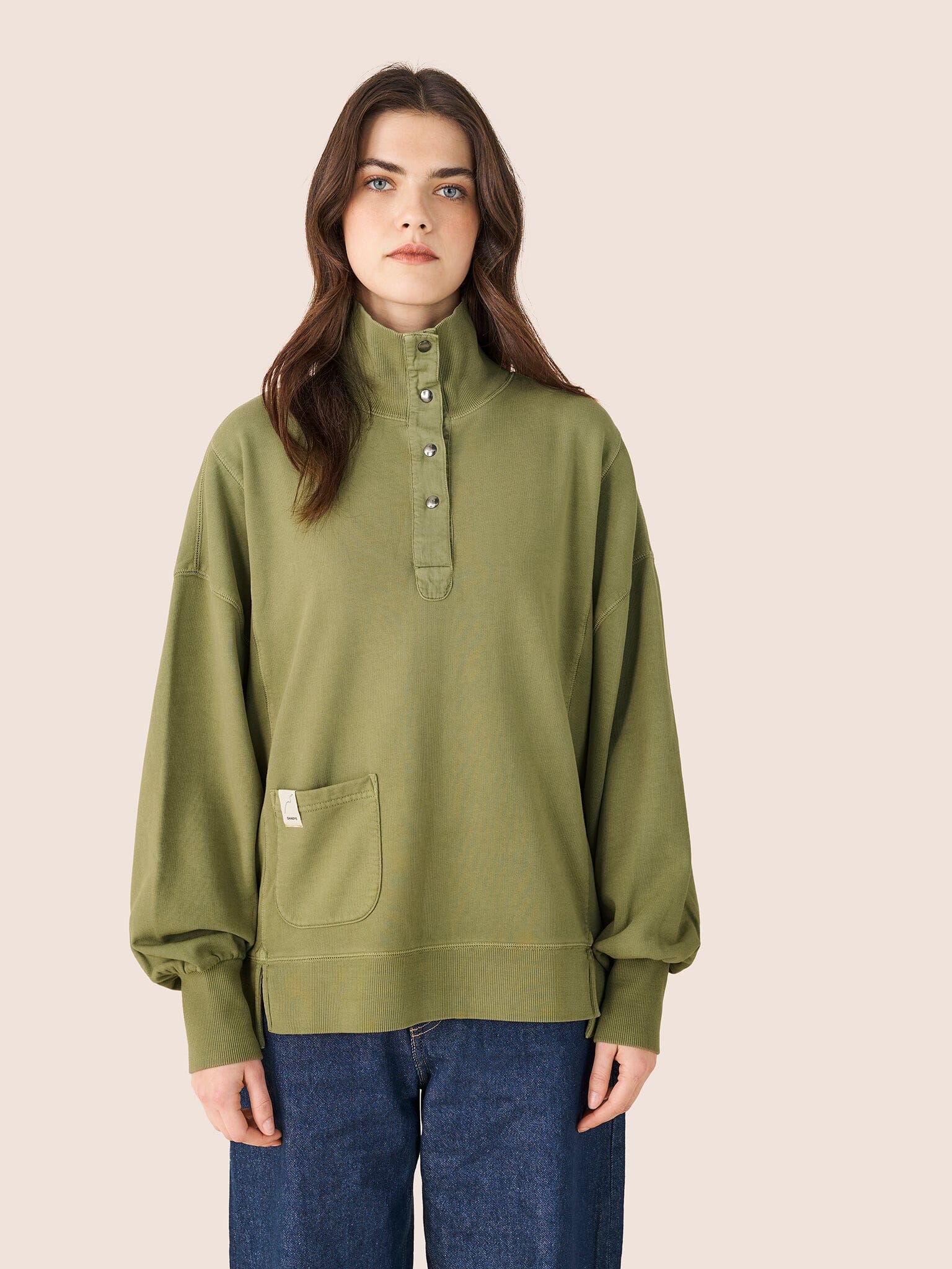 Timor Cotton Funnel Neck Sweater in Khaki - Image 3