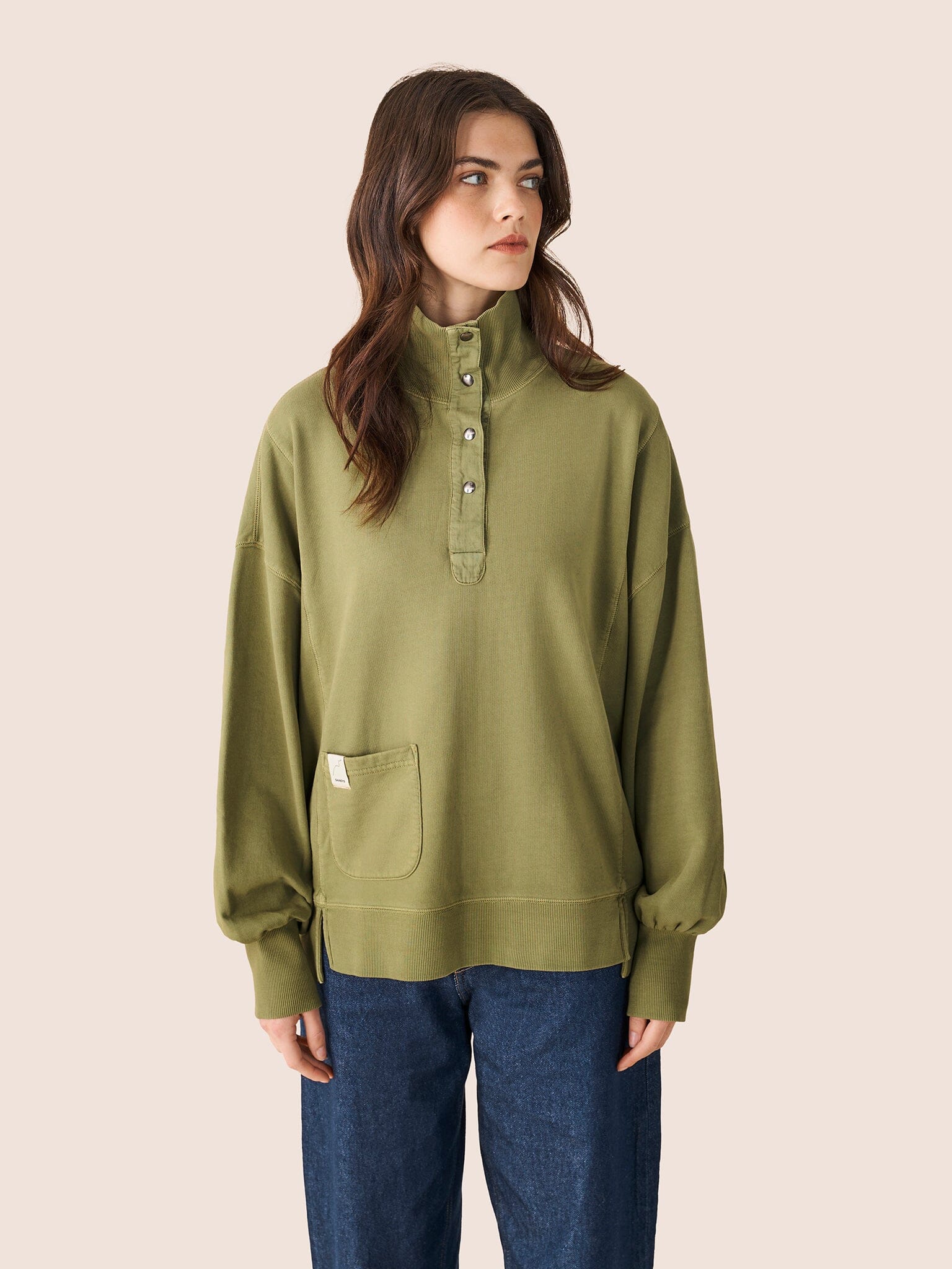 Timor Cotton Funnel Neck Sweater in Khaki - Image 4